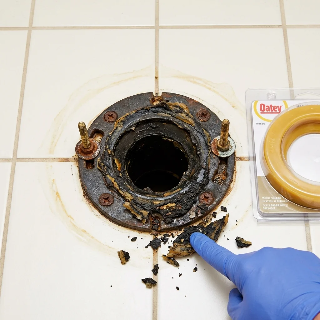 Failed wax ring showing water seepage at the base of a toilet in a Middleport, NY home