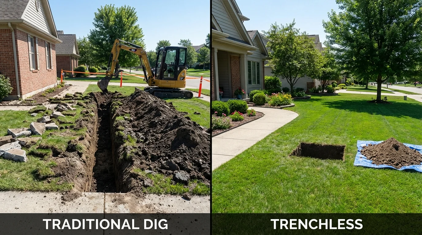 Trenchless sewer repair with minimal yard damage versus traditional excavation in Middleport, NY