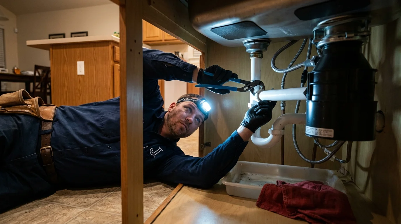 P-trap and supply line connections under a kitchen sink showing a common leak point in Middleport, NY